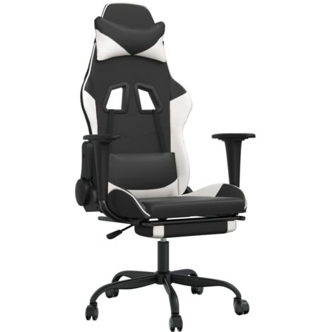 Sillón de oficina silla gaming con ruedas y reposapiés en PVC blanco y negro DEC025748