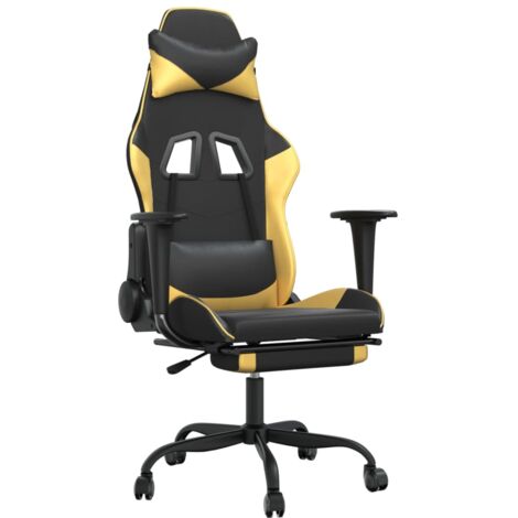Sillón de oficina silla gaming con ruedas y reposapiés negro y dorado PVC DEC025772