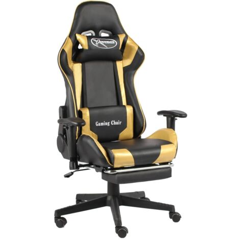 Sillón de oficina silla gaming giratoria con reposapiés en PVC dorado y negro DEC026024