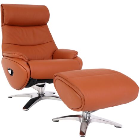 Sillón de relajación con reposapiés giratorio y reclinable en cuero auténtico marrón 040006823