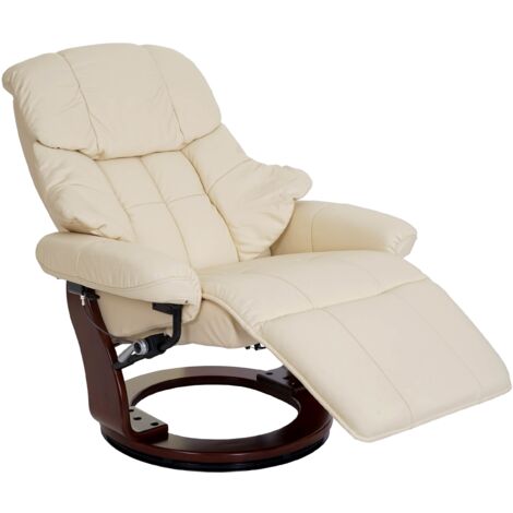 Sillón de relajación giratorio para TV con amplios reposabrazos con estructura de cuero auténtico color crema con aspecto de madera de nogal 040007814