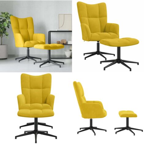 Sillón de relax con taburete terciopelo amarillo mostaza - Asiento giratorio - Reposapiés