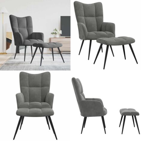 Sillón de relax con taburete terciopelo gris oscuro - Reposapiés - Silla con taburete
