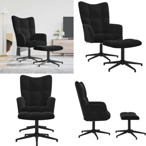 Sillón de relax con taburete terciopelo negro - Asiento giratorio - Silla con reposapiés