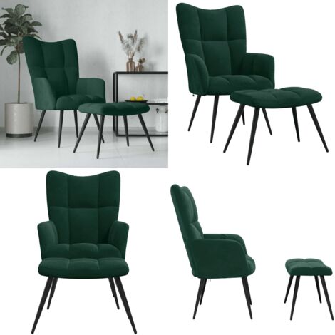 Sillón de relax con taburete terciopelo verde oscuro - Reposapiés - Silla con taburete