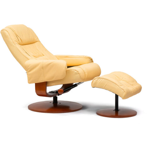 Sillón de relax Kemi 7232 con otomana reclinable estructura madera piel color mantequilla