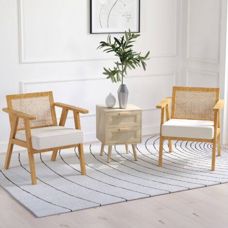Sillón de Salón con Reposabrazos Respaldo de Ratán y Marco de Madera de Caucho Carga 120 kg Natural y Beige