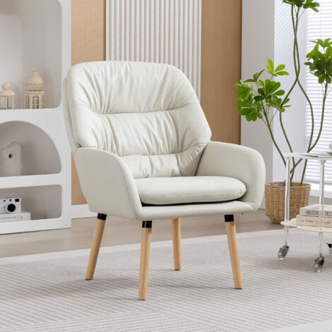 Sillón de Salón Moderno Acolchado de Doble Capa Tapizado en Cuero Sintético Patas de Madera 68x74x89 cm Crema