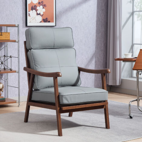 Sillón de Salón Tapizado en PU con Marco de Madera Cojines Acolchados Gruesos Gris y Madera Nogal