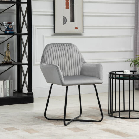 Sillón de Salón Tapizado en Terciopelo con Asiento Acolchado Base Metálica Cruzada Gris