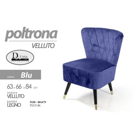 Sillón de terciopelo azul con pies de madera cm 63 x 66 x 84 h