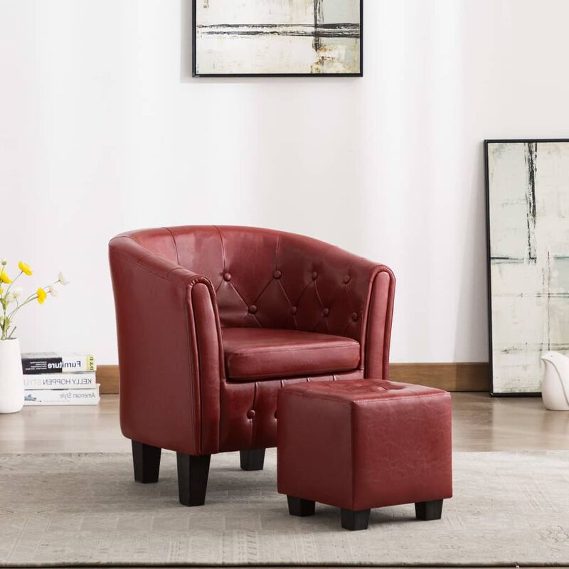 

Sillón diseño de cubo y reposapiés cuero sintético color vino