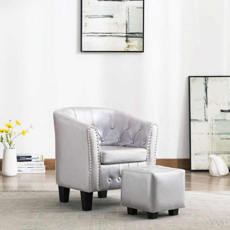 

Sillón diseño de cubo y reposapiés piel sintética plata brillo