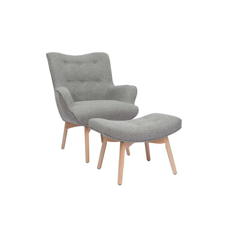 

Sillón diseño escandinavo y reposapiés gris claro y madera clara BRISTOL