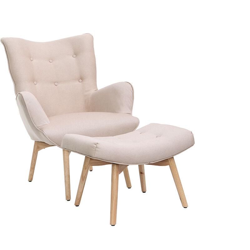 

Sillón diseño escandinavo y reposapiés rosa y madera clara BRISTOL