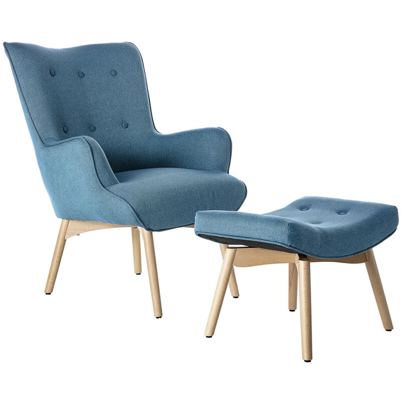 

Sillón diseño escandinavo y reposapiés azul petróleo y madera clara BRISTOL