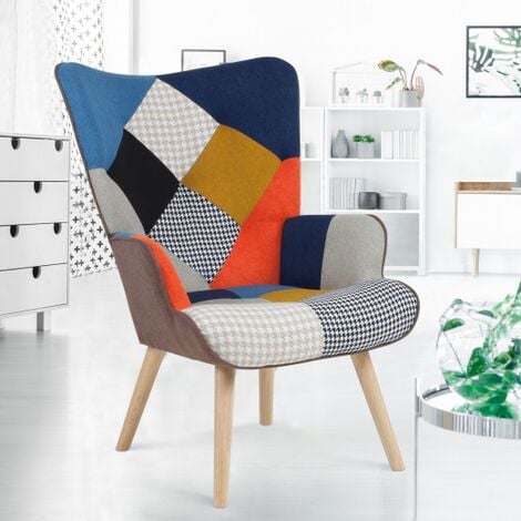Sillón escandinavo IVAR de tela patchwork multicolor y estampado de pata de gallo