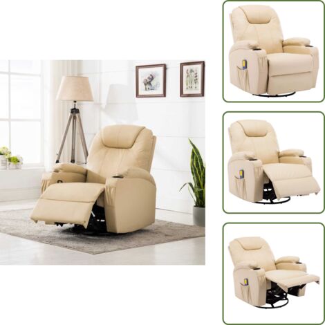 Sillón giratorio - vidaXL Sillón de masaje mecedora de cuero sintético crema - Reposapiés ajustable