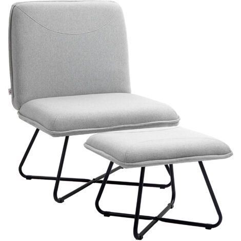 Sillón lectura con reposapiés y patas de acero cruzadas gris