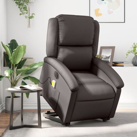 Sillón masaje eléctrico elevable cuero auténtico marrón oscuro vidaXL