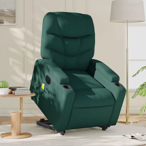 Sillón masaje eléctrico reclinable elevable tela verde oscuro vidaXL