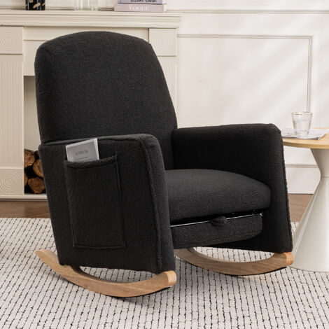 Sillón mecedora con reposapiés respaldo alto tapizada en tela gris oscuro con estampado de osito de peluche