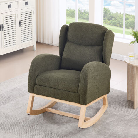 Sillón mecedora estructura de madera, reposapiés ajustable, respaldo alto, tapizada en tela polar tipo peluche, con bolsillos verde
