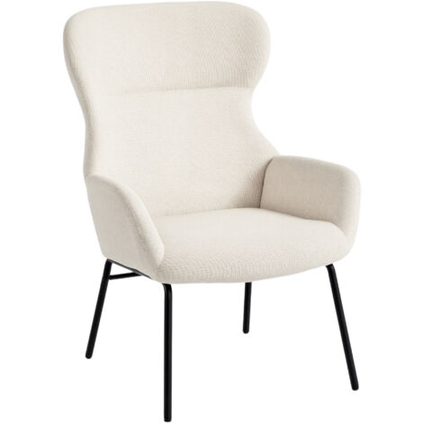 Sillón moderno estilo lóbulo de oreja, respaldo alto, acolchado grueso, patas de acero, color blanco crema.