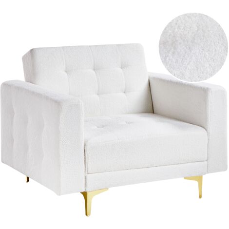 Sillón moderno reclinable cama de día tela con capitoné patas doradas bouclé blanco Aberdeen