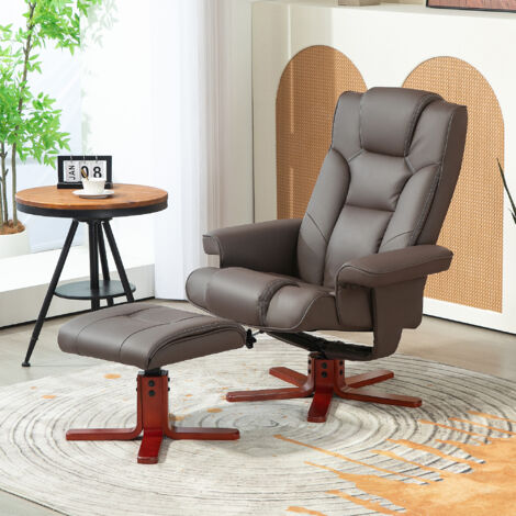 Sillón Reclinable con Reposapiés Tapizado en PU y Estructura de Madera Carga 150 kg Butaca para Dormitorio Marrón