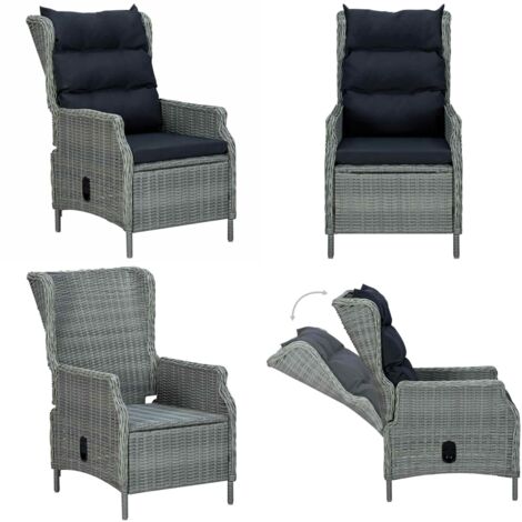 Sillón reclinable de jardín cojines ratán sintético gris claro - Silla de jardín con respaldo ajustable - Silla de jardín con cojines