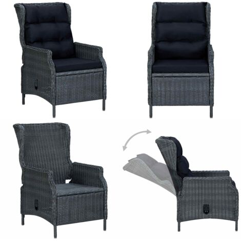 Sillón reclinable de jardín cojines ratán sintético gris oscuro - Silla de jardín con respaldo ajustable - Silla de jardín con cojines
