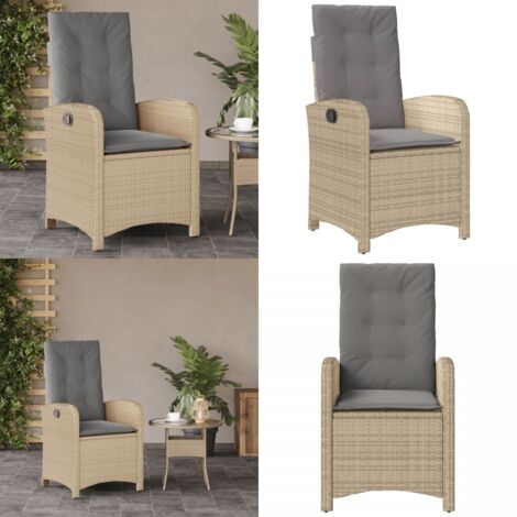 Sillón reclinable de jardín con cojines ratán PE beige mixto - Cojín de asiento - Ratán sintético