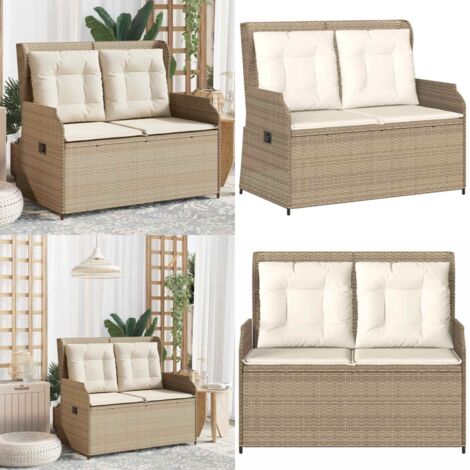 Sillón reclinable de jardín con cojines ratán sintético beige - Cojín sintético - Ratán sintético