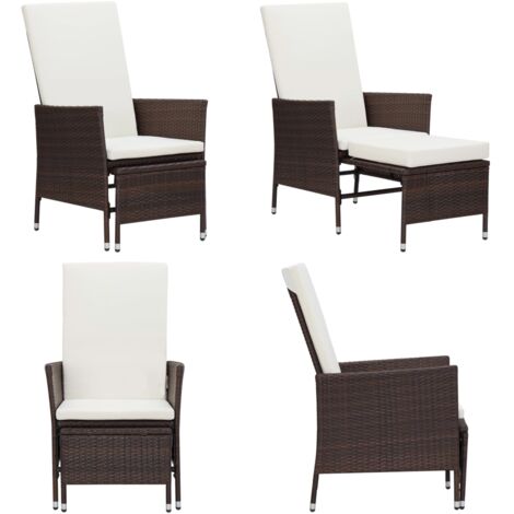 Sillón reclinable de jardín con cojines ratán sintético marrón - Silla reclinable - Cojín sintético