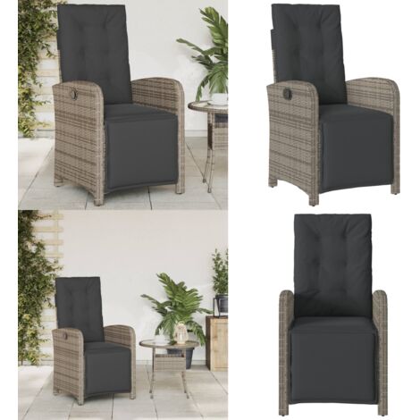Sillón reclinable de jardín con reposapiés ratán sintético gris - Ratán sintético - Cojín desenfundable