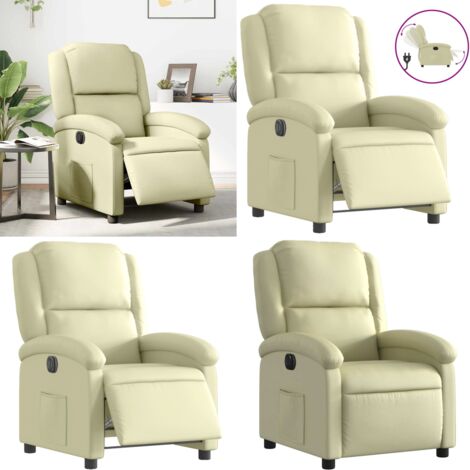 Sillón reclinable eléctrico de cuero auténtico blanco crema - Cuero auténtico - Reposapiés eléctrico