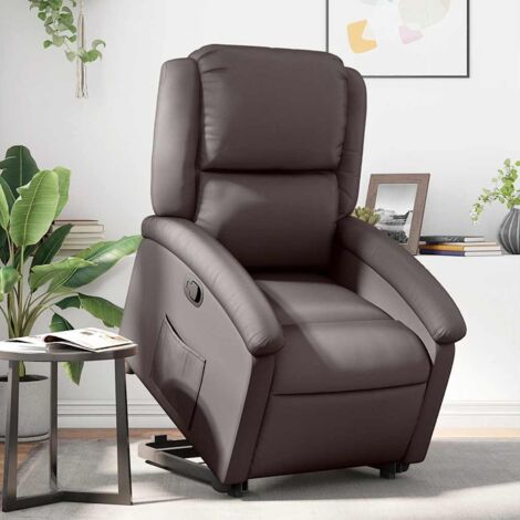Sillón reclinable elevable cuero auténtico marrón oscuro vidaXL