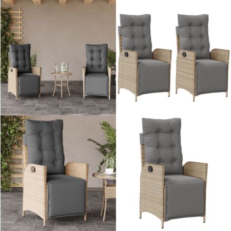 Sillón reclinable jardín reposapiés 2 uds ratán PE beige mezcla - Silla de jardín con respaldo ajustable - Silla de jardín con cojín
