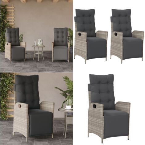 Sillón reclinable jardín y reposapiés 2 uds ratán PE gris claro - Silla de jardín con respaldo ajustable - Silla de jardín con cojín