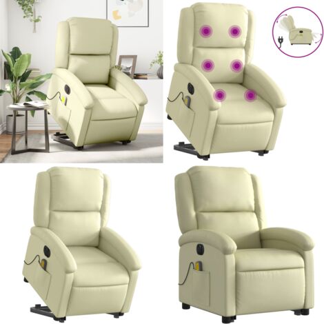 Sillón reclinable masaje eléctrico de pie cuero auténtico crema - Silla de pie con masaje - Silla eléctrica para adultos mayores