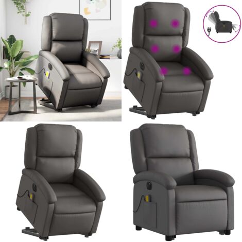 Sillón reclinable masaje eléctrico de pie cuero auténtico gris - Masaje eléctrico - Elevación eléctrica