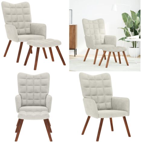 Sillón relajante con taburete de terciopelo color crema - Taburete - Terciopelo