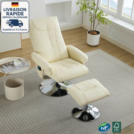 Sillón relax - Con función de masaje de 5 puntos - Ergonómico - Con función de calefacción eléctrica - Giratorio 360° - Base metálica estable - Tejido PU - Beige