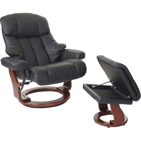 Sillón relax con reposabrazos y reposapiés de cuero auténtico negro, estructura de madera imitación nogal 040007818
