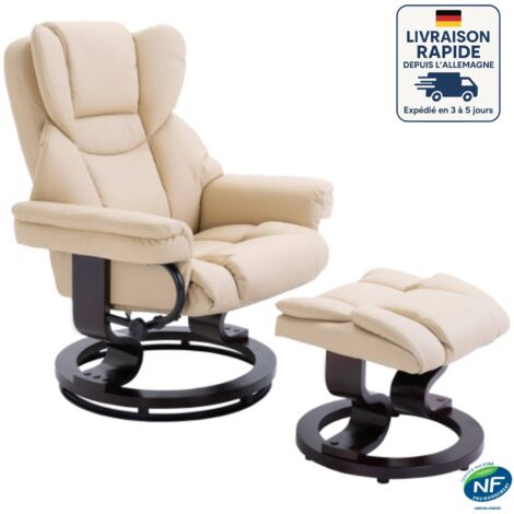 Sillón relax con reposapiés, sillón TV giratorio con función reclinable, sillón relax para salón y dormitorio, tapizado en polipiel, color crema
