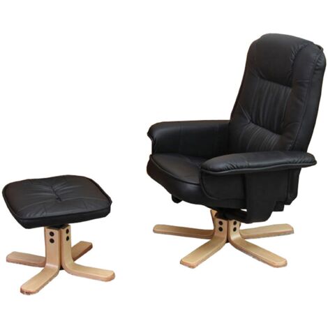 Sillón relax TV con reposapiés taburete puf en PVC negro y madera de eucalipto 040006837
