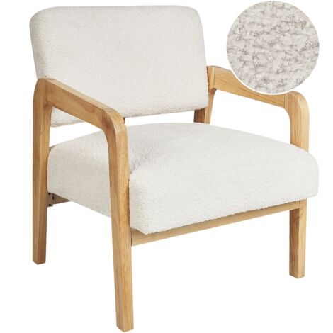 Sillón salón asiento respaldo bouclé tapicería estructura madera clara blanco Hjo