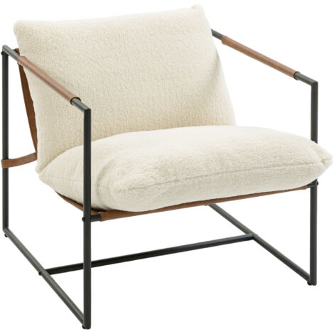 Sillón, silla auxiliar tapizada en tela bouclé, asiento ancho y estructura de acero, 77 x 91 x 80 cm, color crema.