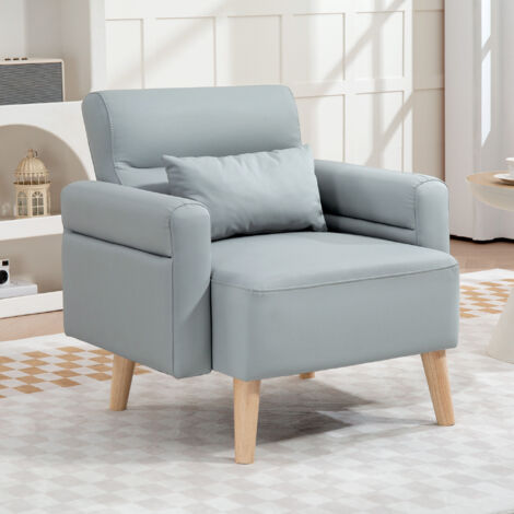 Sillón Tapizado en Cuero Sintético Respaldo con Costuras y Patas de Madera para Salón o Dormitorio 77x78x78 cm Gris